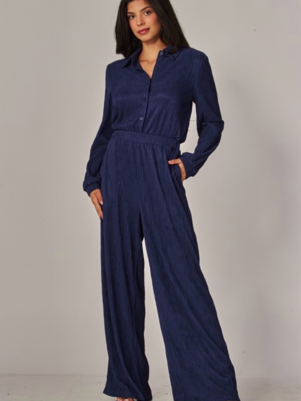Sapphire Plisse Wide-Leg Jumpsuit with button front
